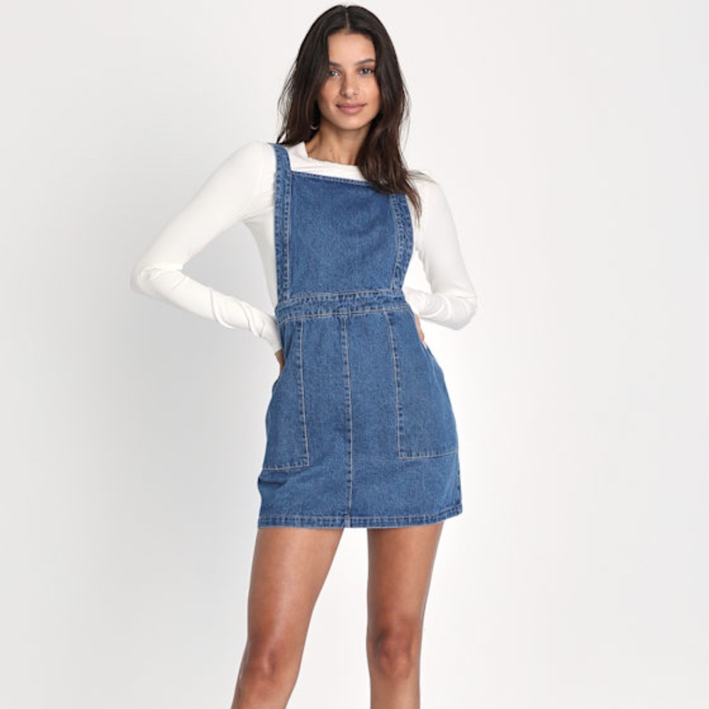 Lulus Complete Crush Medium Wash Denim Mini Overall Dress Blue - Size M